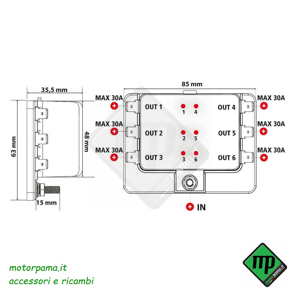 Fuse Block, scatola portafusibili, 1 entrata - 6 uscite, 12/24V - immagine 3
